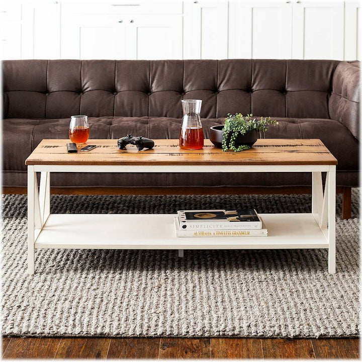 Walker Edison - Rectangular Farmhouse Solid Pine Wood Coffee Table - White Wash/Rustic Oak_5