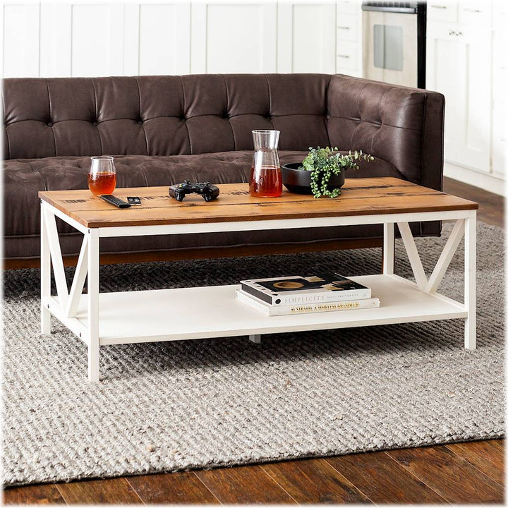 Walker Edison - Rectangular Farmhouse Solid Pine Wood Coffee Table - White Wash/Rustic Oak_6