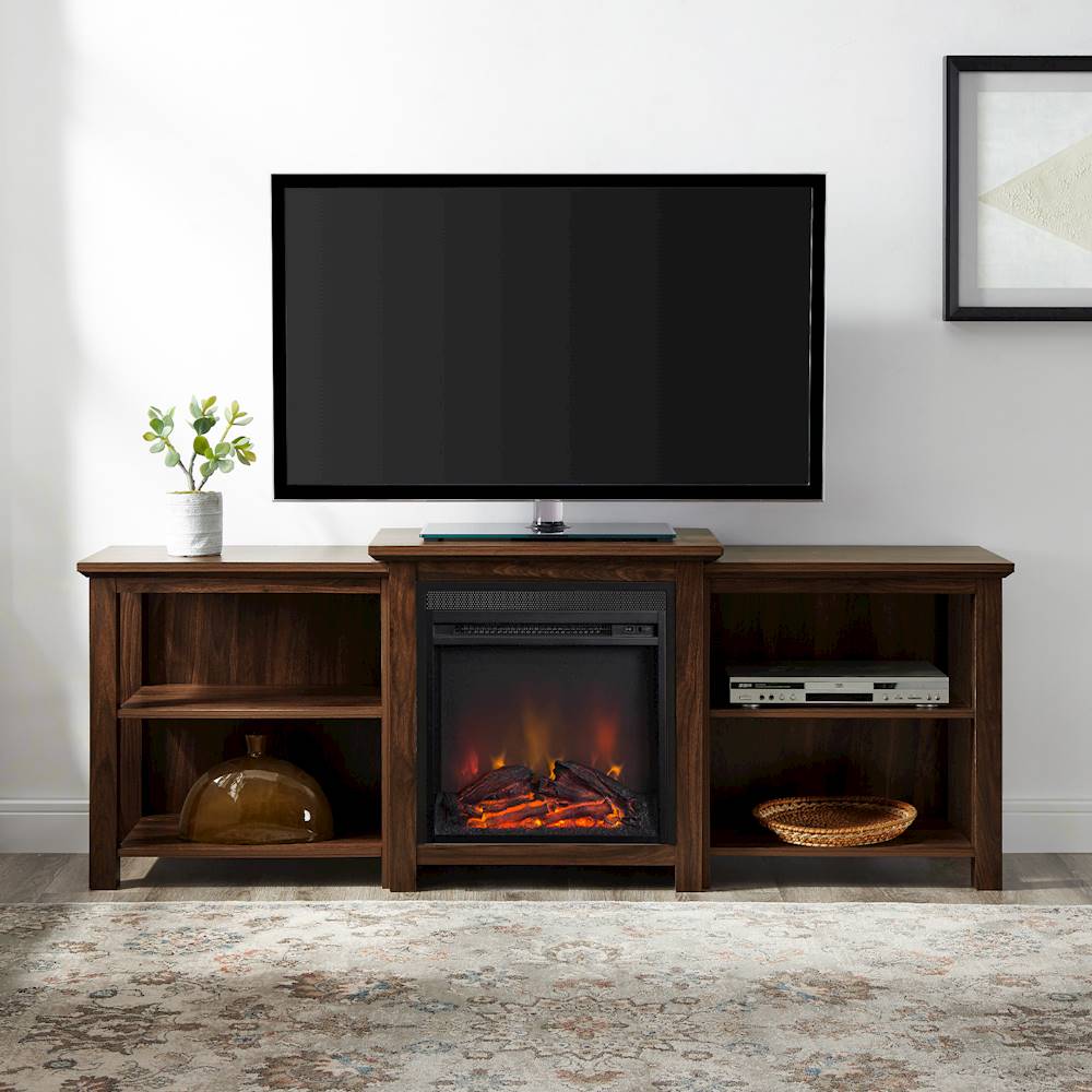 Walker Edison - Traditional Open Storage Tiered Mantle Fireplace TV Stand for Most TVs up to 85" - Dark Walnut_3