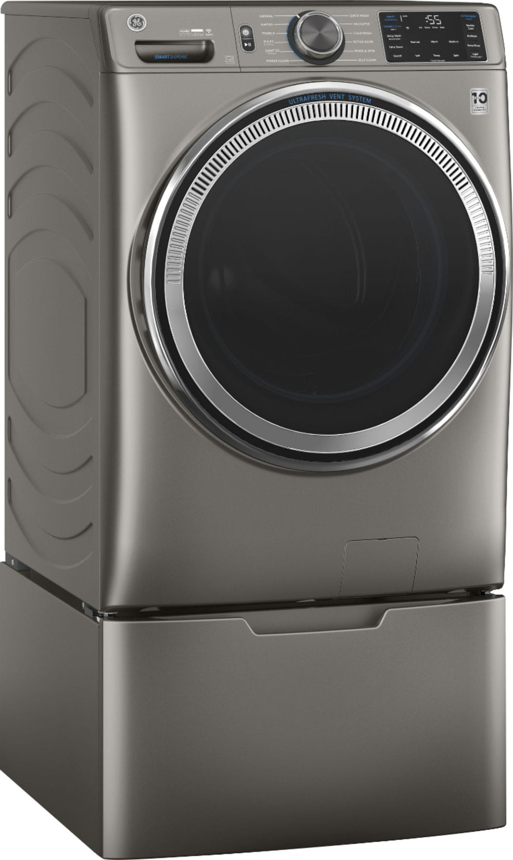 GE - 4.8 Cu Ft High-Efficiency Stackable Smart Front Load Washer w/UltraFresh Vent, Microban Antimicrobial & SmartDispense - Satin nickel_1