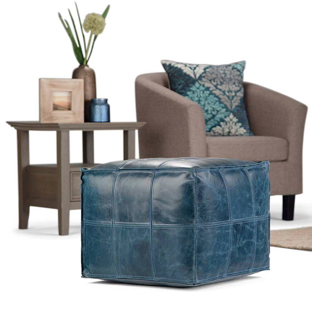 Simpli Home - Manning Square Contemporary Leather/Polystyrene Pouf - Teal_1