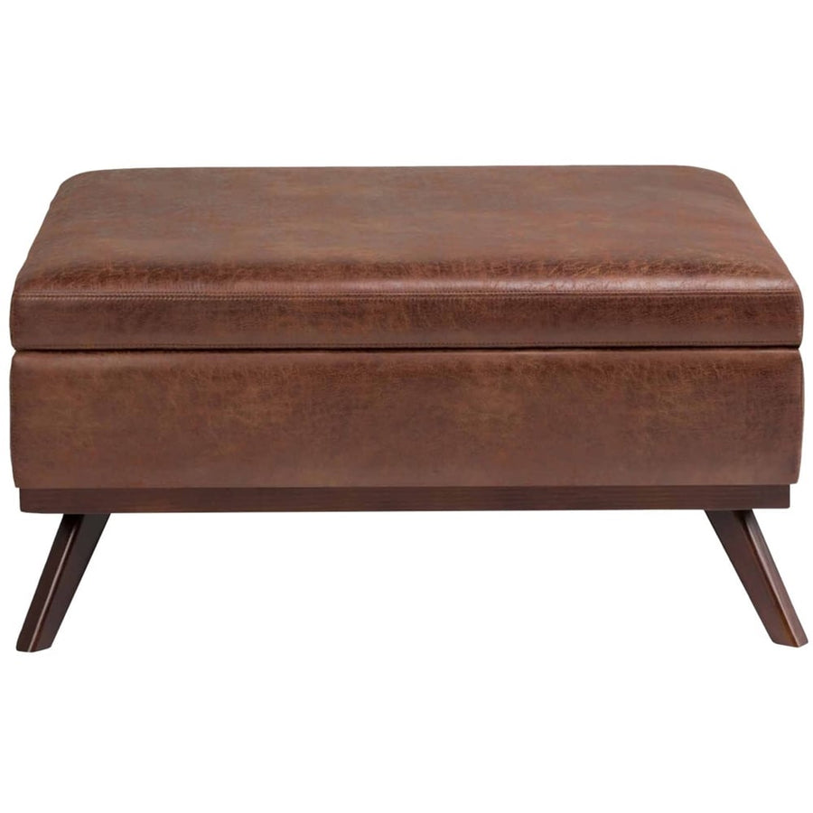 Simpli Home - Owen Square Mid-Century Modern Faux Air Leather Ottoman With Inner Storage - Distressed Saddle Brown_0