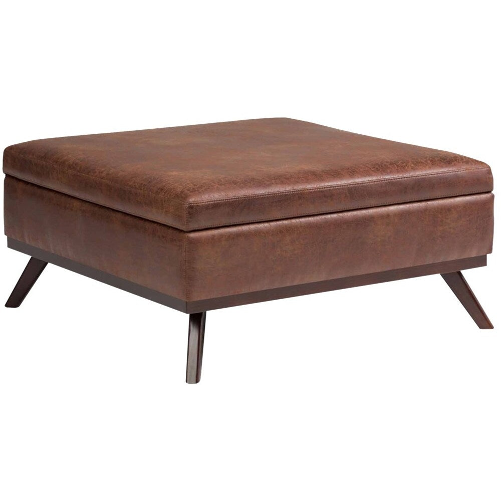 Simpli Home - Owen Square Mid-Century Modern Faux Air Leather Ottoman With Inner Storage - Distressed Saddle Brown_7