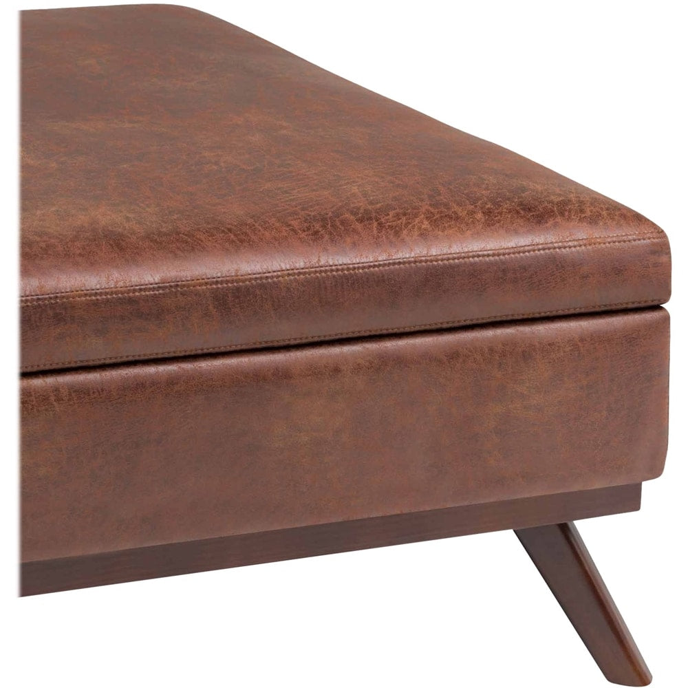 Simpli Home - Owen Square Mid-Century Modern Faux Air Leather Ottoman With Inner Storage - Distressed Saddle Brown_6
