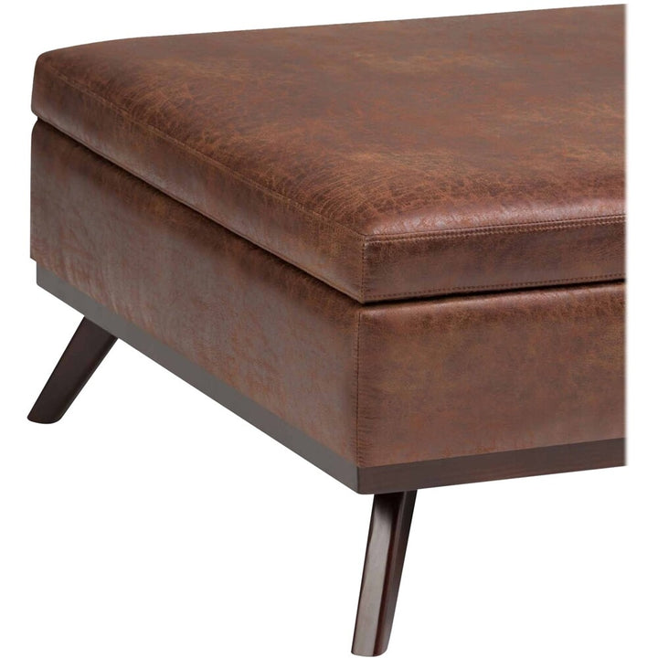 Simpli Home - Owen Square Mid-Century Modern Faux Air Leather Ottoman With Inner Storage - Distressed Saddle Brown_4
