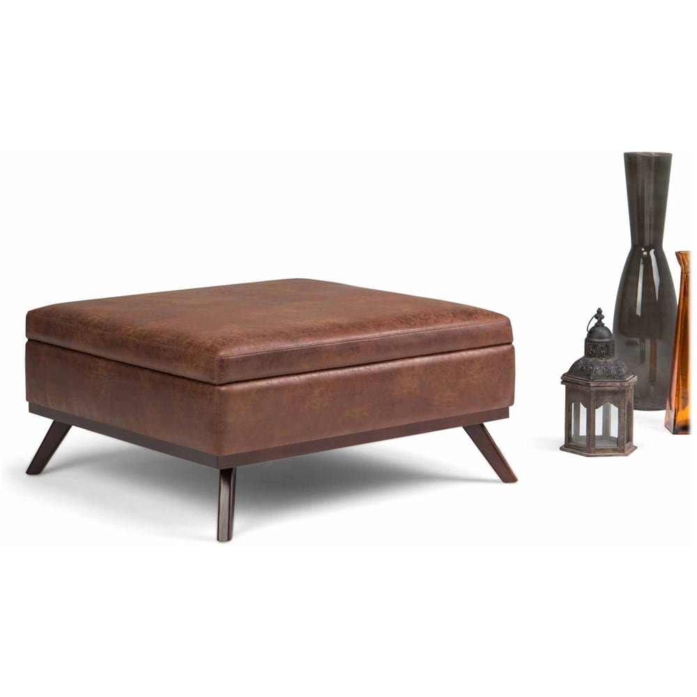 Simpli Home - Owen Square Mid-Century Modern Faux Air Leather Ottoman With Inner Storage - Distressed Saddle Brown_2