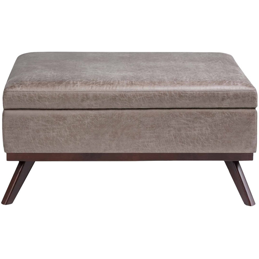 Simpli Home - Owen Square Mid-Century Modern Faux Air Leather Ottoman With Inner Storage - Distressed Gray Taupe_0