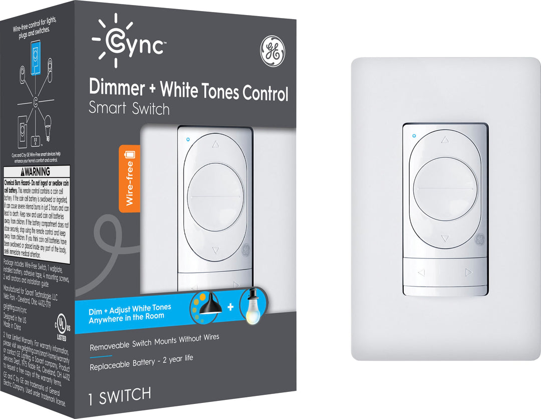 GE - CYNC Dimmer Smart Switch, Wire-Free, Dimmer + White Tones Control with Bluetooth (Packaging May Vary) - White_0