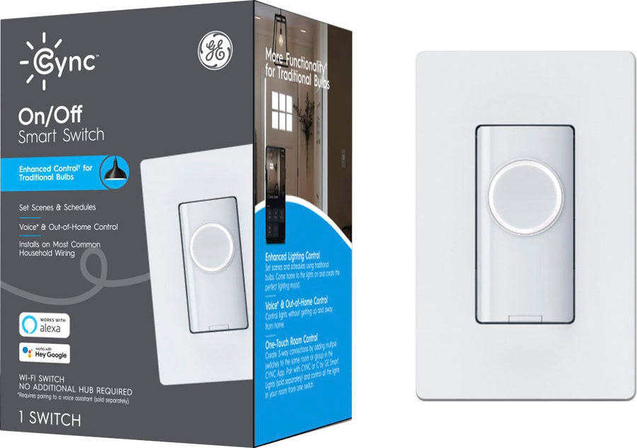 GE - CYNC Smart Switch, No Neutral Wire Required, On-Off Button Style with Bluetooth and 2.4 GHz Wifi (Packaging May Vary) - White_0
