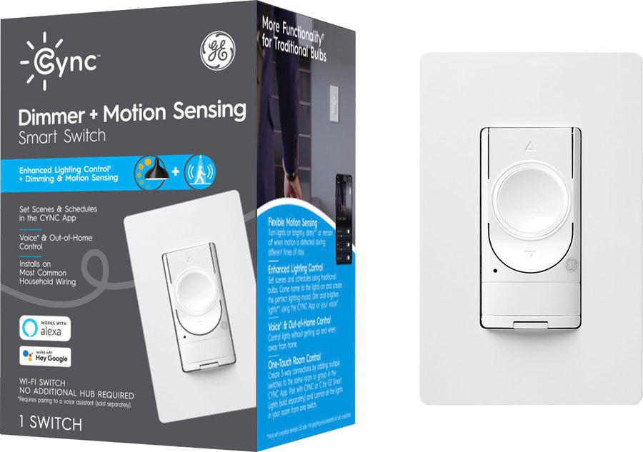 GE - CYNC Dimmer + Motion Sensor Smart Switch, No Neutral Wire Required, Bluetooth and 2.4 GHz Wifi (Packing May Vary) - White_0