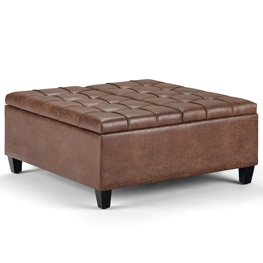 Simpli Home - Harrison 36 inch Wide Transitional Square Coffee Table Storage Ottoman in Faux Leather - Distressed Umber Brown_1