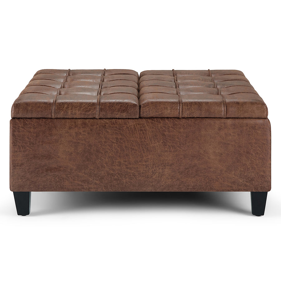 Simpli Home - Harrison 36 inch Wide Transitional Square Coffee Table Storage Ottoman in Faux Leather - Distressed Umber Brown_0
