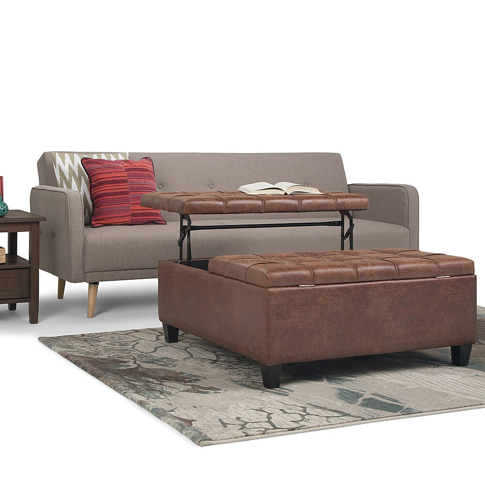 Simpli Home - Harrison 36 inch Wide Transitional Square Coffee Table Storage Ottoman in Faux Leather - Distressed Umber Brown_8