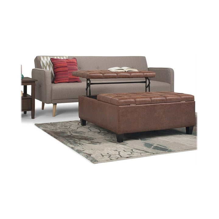 Simpli Home - Harrison 36 inch Wide Transitional Square Coffee Table Storage Ottoman in Faux Leather - Distressed Umber Brown_2