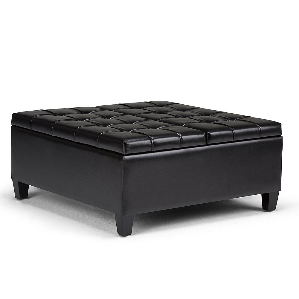 Simpli Home - Harrison 36 inch Wide Transitional Square Coffee Table Storage Ottoman in Faux Leather - Midnight Black_1