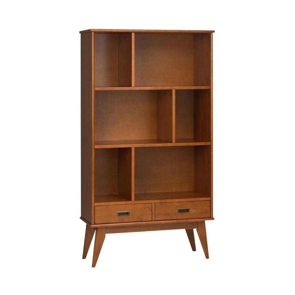 Simpli Home - Draper Mid-Century Modern Solid Hardwood 6-Shelf 2-Drawer Bookcase - Teak Brown_2
