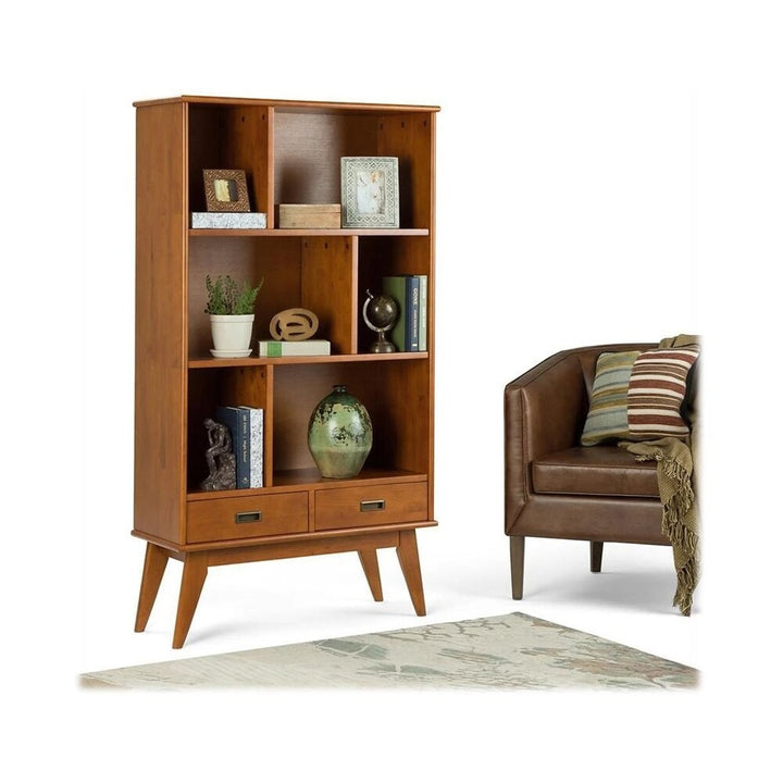 Simpli Home - Draper Mid-Century Modern Solid Hardwood 6-Shelf 2-Drawer Bookcase - Teak Brown_5