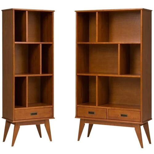 Simpli Home - Draper Mid-Century Modern Solid Hardwood 6-Shelf 2-Drawer Bookcase - Teak Brown_3