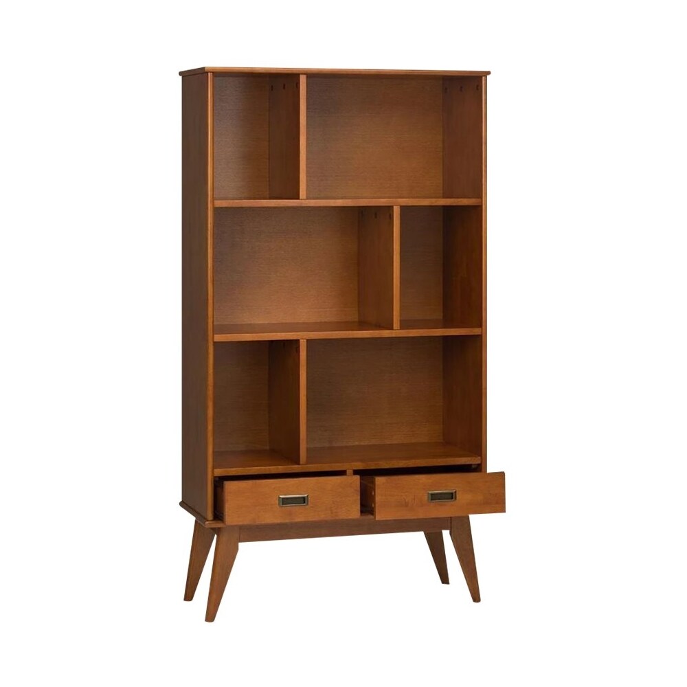 Simpli Home - Draper Mid-Century Modern Solid Hardwood 6-Shelf 2-Drawer Bookcase - Teak Brown_1