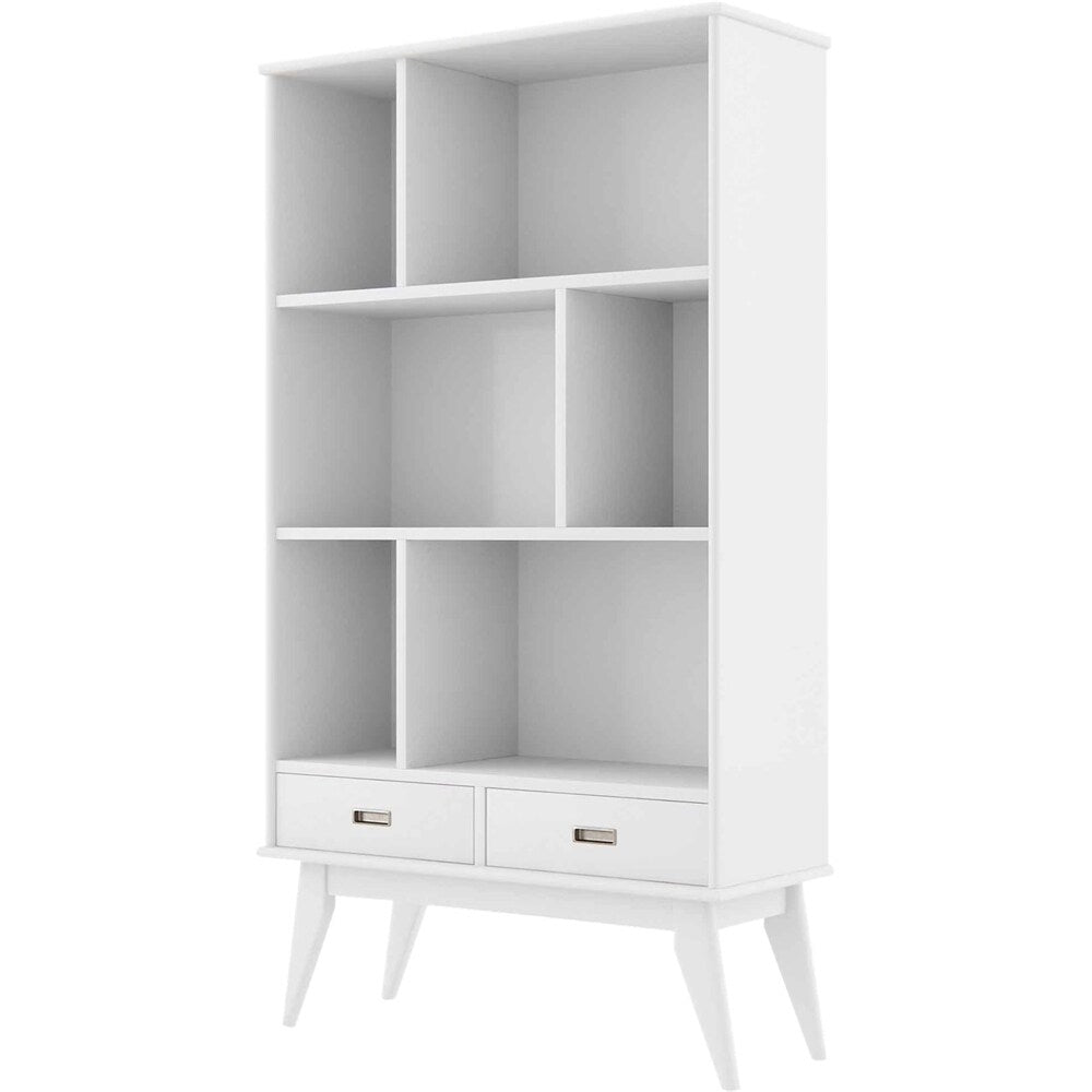 Simpli Home - Draper Mid-Century Modern Solid Hardwood 6-Shelf 2-Drawer Bookcase - White_4