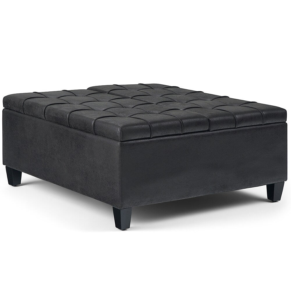 Simpli Home - Harrison 36 inch Wide Transitional Square Coffee Table Storage Ottoman in Faux Leather - Distressed Black_1