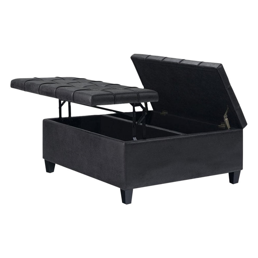 Simpli Home - Harrison 36 inch Wide Transitional Square Coffee Table Storage Ottoman in Faux Leather - Distressed Black_0