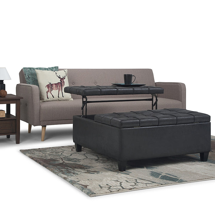Simpli Home - Harrison 36 inch Wide Transitional Square Coffee Table Storage Ottoman in Faux Leather - Distressed Black_8