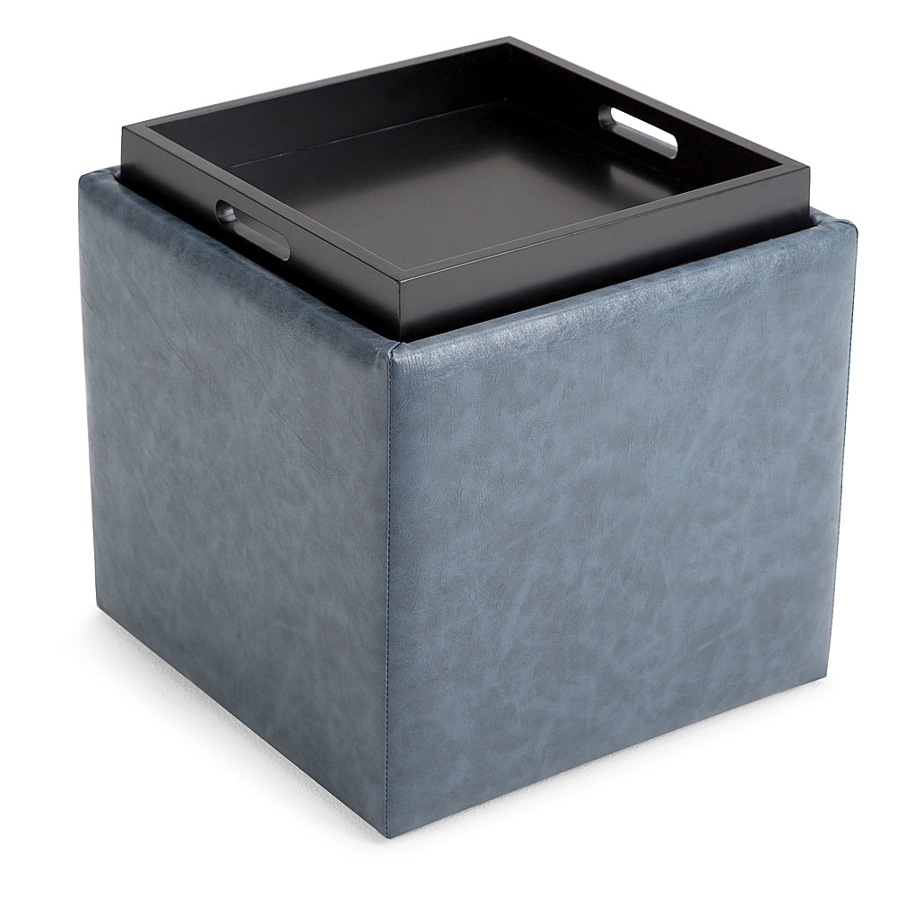 Simpli Home - Rockwood 17 inch Wide Contemporary Square Cube Storage Ottoman with Tray - Denim Blue_1