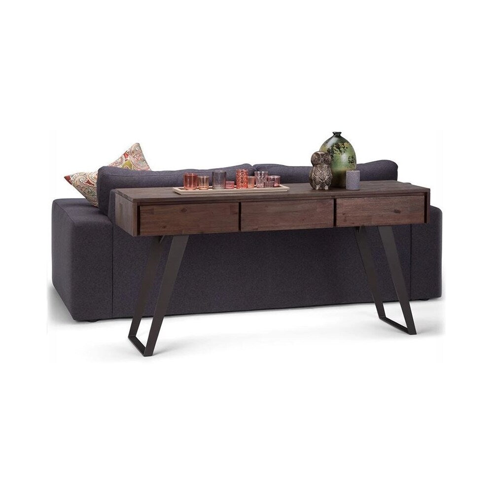 Simpli Home - Lowry Rectangular Modern Industrial Solid Acacia Wood 3-Drawer Console Sofa Table - Distressed Charcoal Brown_2