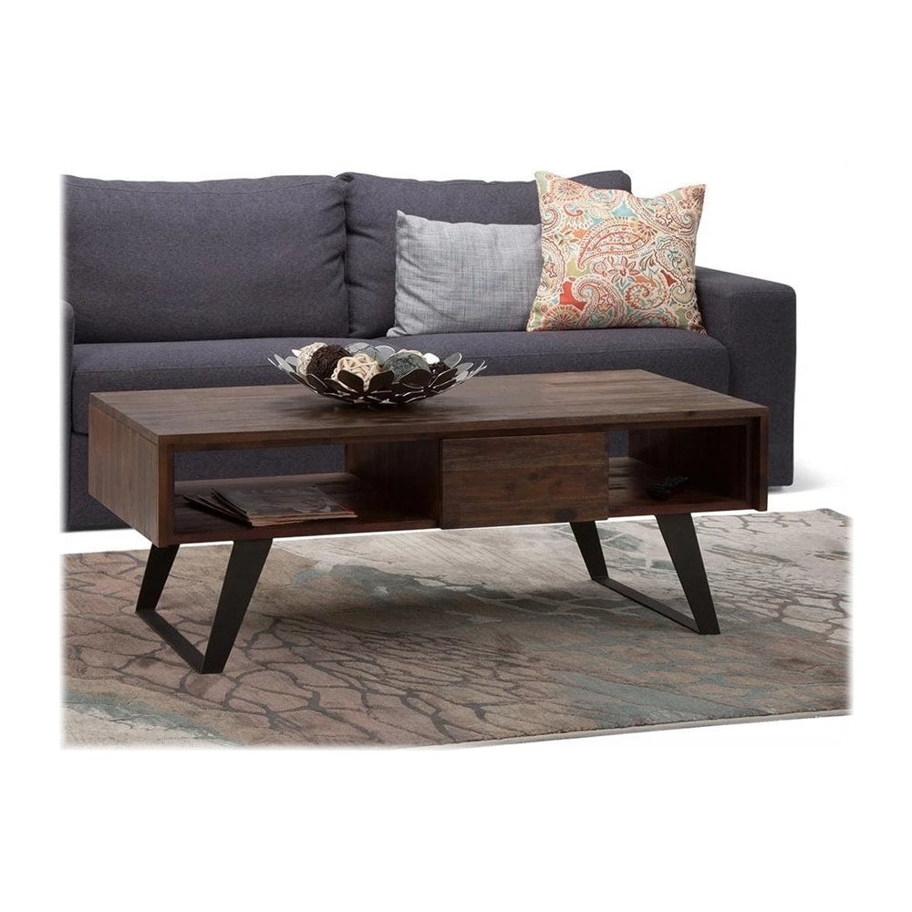 Simpli Home - Lowry Rectangular Modern Industrial Solid Acacia Wood 2-Drawer Coffee Table - Distressed Charcoal Brown_1