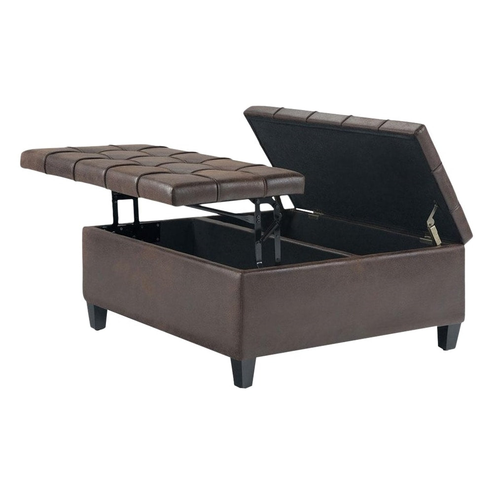 Simpli Home - Harrison 36 inch Wide Transitional Square Coffee Table Storage Ottoman in Faux Leather - Distressed Brown_0