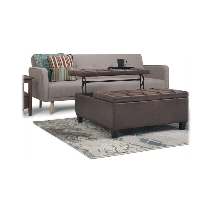 Simpli Home - Harrison 36 inch Wide Transitional Square Coffee Table Storage Ottoman in Faux Leather - Distressed Brown_2
