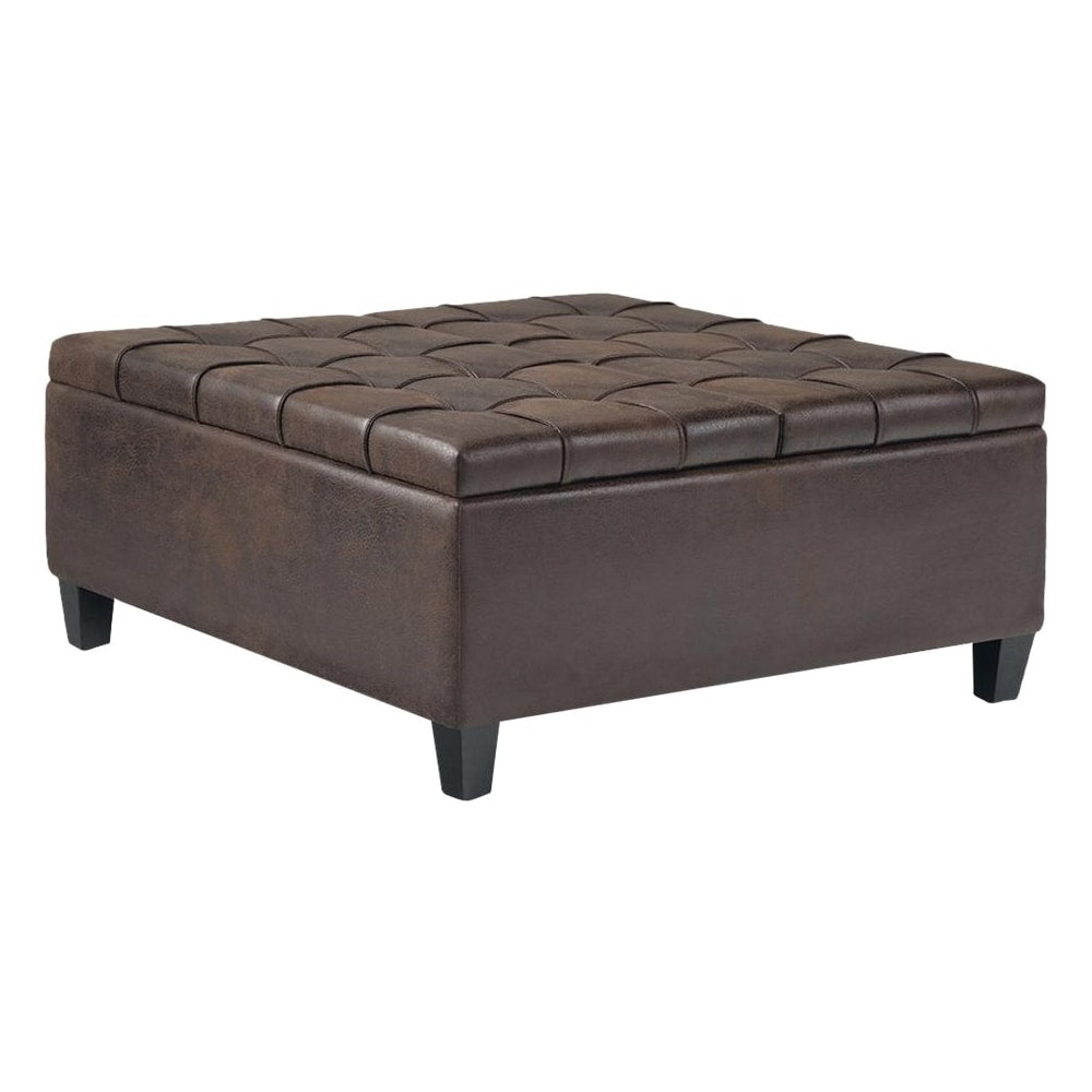 Simpli Home - Harrison 36 inch Wide Transitional Square Coffee Table Storage Ottoman in Faux Leather - Distressed Brown_1