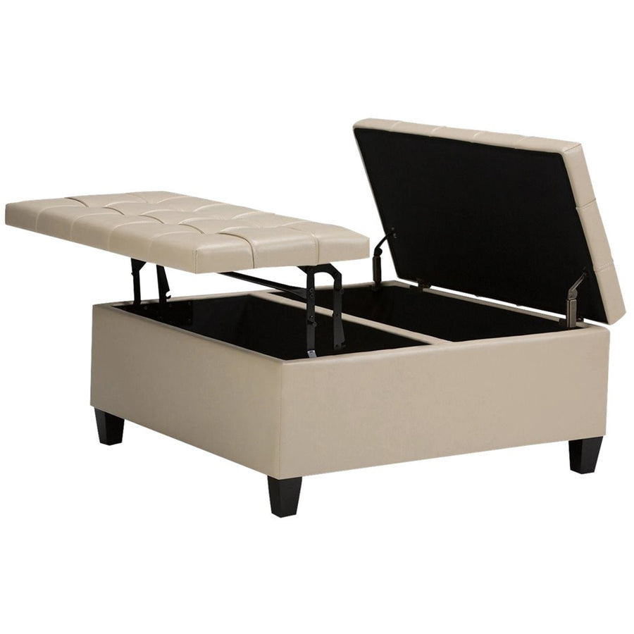 Simpli Home - Harrison 36 inch Wide Transitional Square Coffee Table Storage Ottoman in Faux Leather - Satin Cream_0