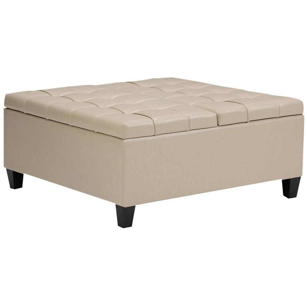 Simpli Home - Harrison 36 inch Wide Transitional Square Coffee Table Storage Ottoman in Faux Leather - Satin Cream_1