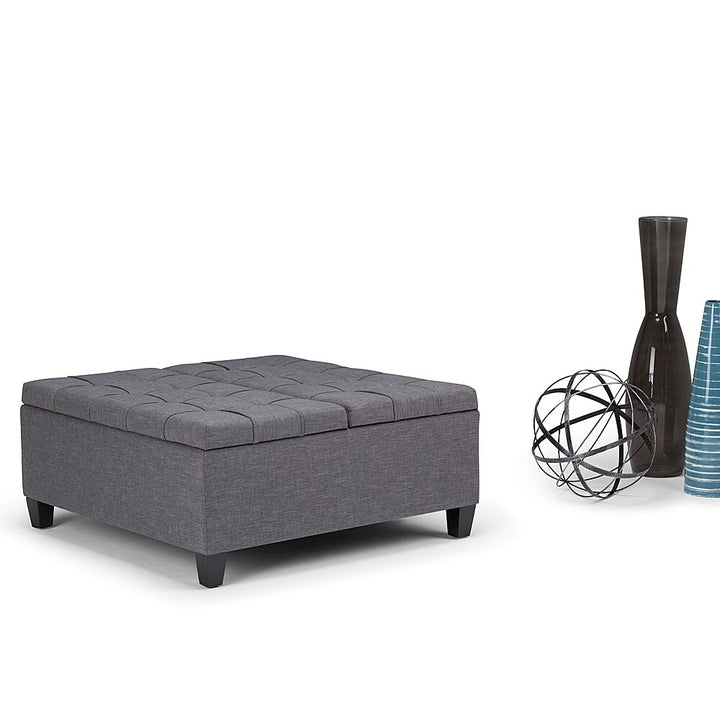 Simpli Home - Harrison 36 inch Wide Transitional Square Coffee Table Storage Ottoman in Slate Grey Linen Look Fabric - Slate Gray_6