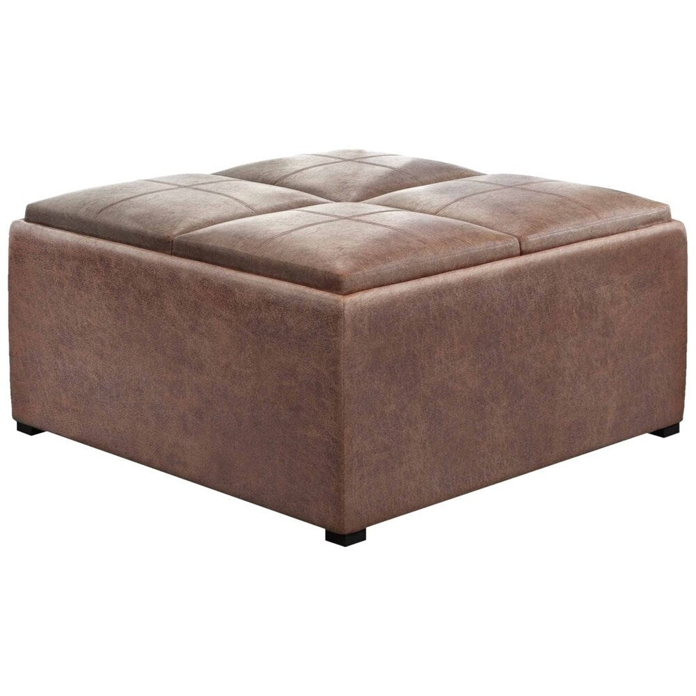 Simpli Home - Avalon Square Contemporary Faux Air Leather Storage Ottoman - Distressed Umber Brown_1