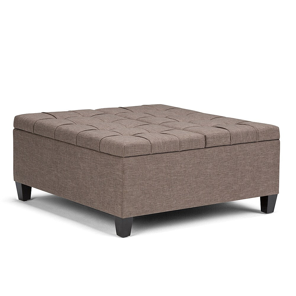 Simpli Home - Harrison 36 inch Wide Transitional Square Coffee Table Storage Ottoman in Linen Look Fabric - Fawn Brown_1
