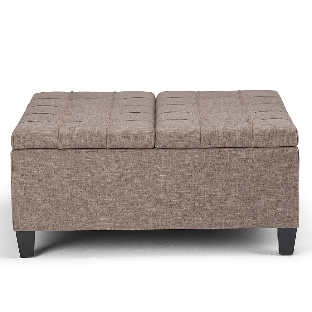Simpli Home - Harrison 36 inch Wide Transitional Square Coffee Table Storage Ottoman in Linen Look Fabric - Fawn Brown_0