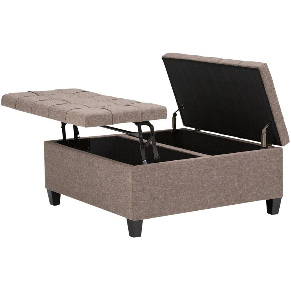 Simpli Home - Harrison 36 inch Wide Transitional Square Coffee Table Storage Ottoman in Linen Look Fabric - Fawn Brown_2
