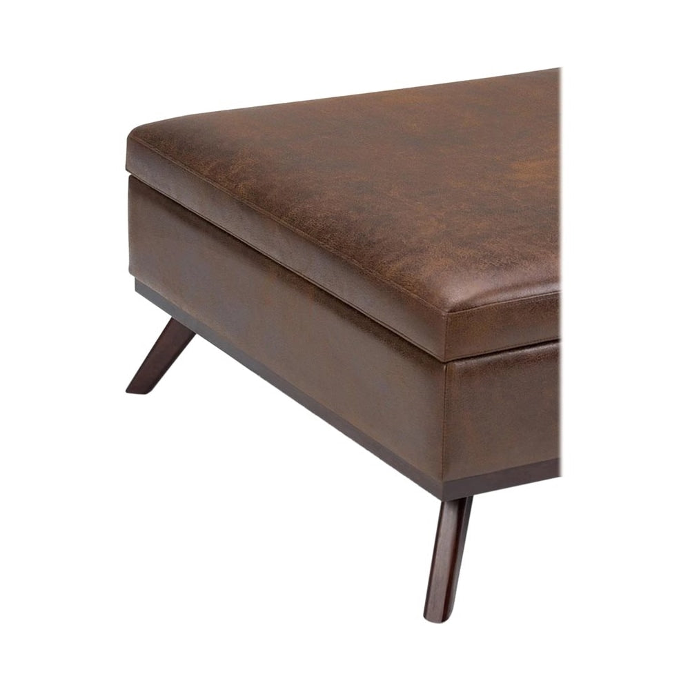 Simpli Home - Owen Square Mid-Century Modern Faux Air Leather Ottoman With Inner Storage - Distressed Chestnut Brown_3