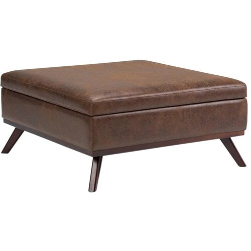 Simpli Home - Owen Square Mid-Century Modern Faux Air Leather Ottoman With Inner Storage - Distressed Chestnut Brown_2