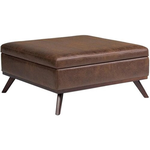 Simpli Home - Owen Square Mid-Century Modern Faux Air Leather Ottoman With Inner Storage - Distressed Chestnut Brown_1