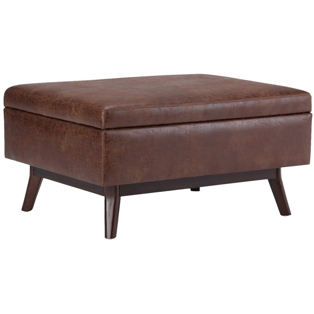 Simpli Home - Owen Mid-Century Modern Faux Air Leather Ottoman With Inner Storage - Distressed Saddle Brown_1