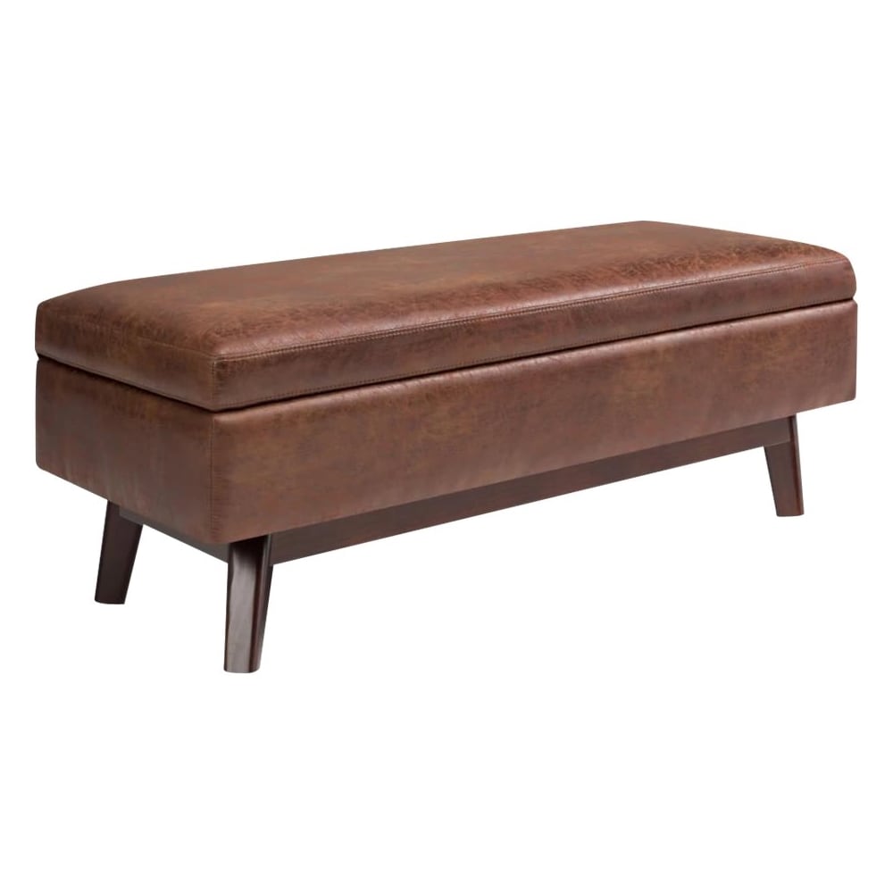 Simpli Home - Owen Rectangular Mid-Century Modern High-Density Foam/Faux Air Leather Ottoman With Inner Storage - Distressed Saddle Brown_1