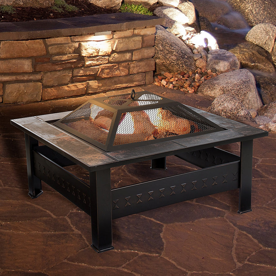 Pure Garden - Fire Pit Set, Wood Burning Pit With Spark Screen, Cover and Log Poker,  32" Marble Tile Square Firepit - Bronze, orange marbled_0
