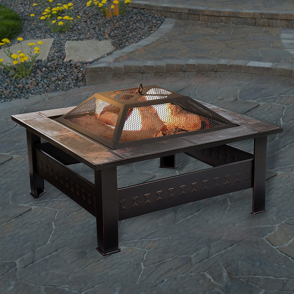 Pure Garden - Fire Pit Set, Wood Burning Pit With Spark Screen, Cover and Log Poker,  32" Marble Tile Square Firepit - Bronze, orange marbled_6