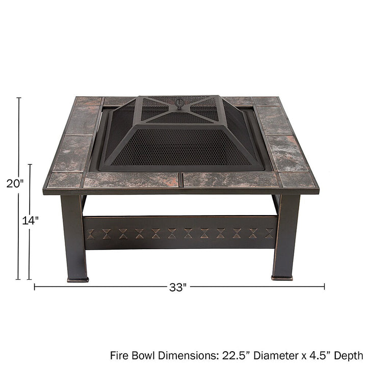 Pure Garden - Fire Pit Set, Wood Burning Pit With Spark Screen, Cover and Log Poker,  32" Marble Tile Square Firepit - Bronze, orange marbled_7