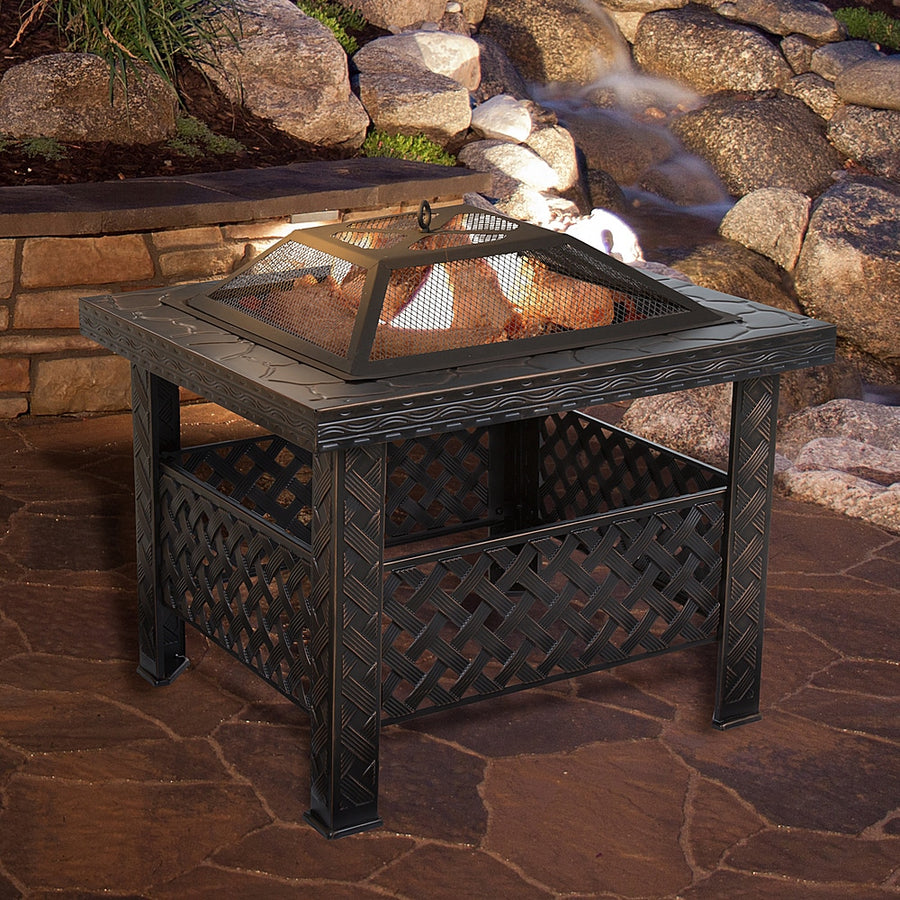 Pure Garden - Fire Pit Set, Wood Burning Pit With Spark Screen, Cover and Log Poker,  26" Woven Metal Square Firepit - Bronze_0