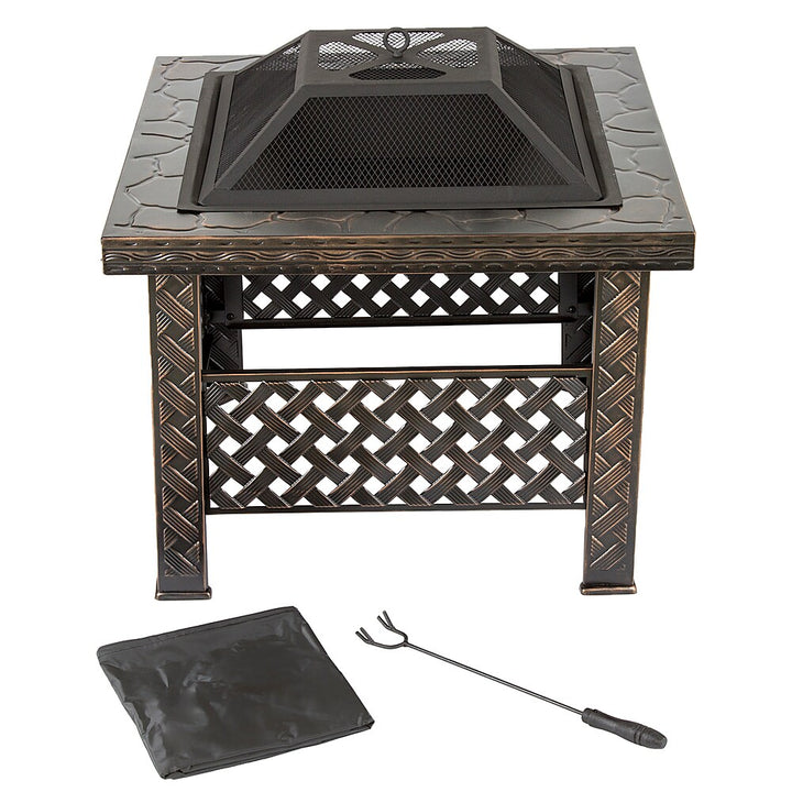 Pure Garden - Fire Pit Set, Wood Burning Pit With Spark Screen, Cover and Log Poker,  26" Woven Metal Square Firepit - Bronze_5